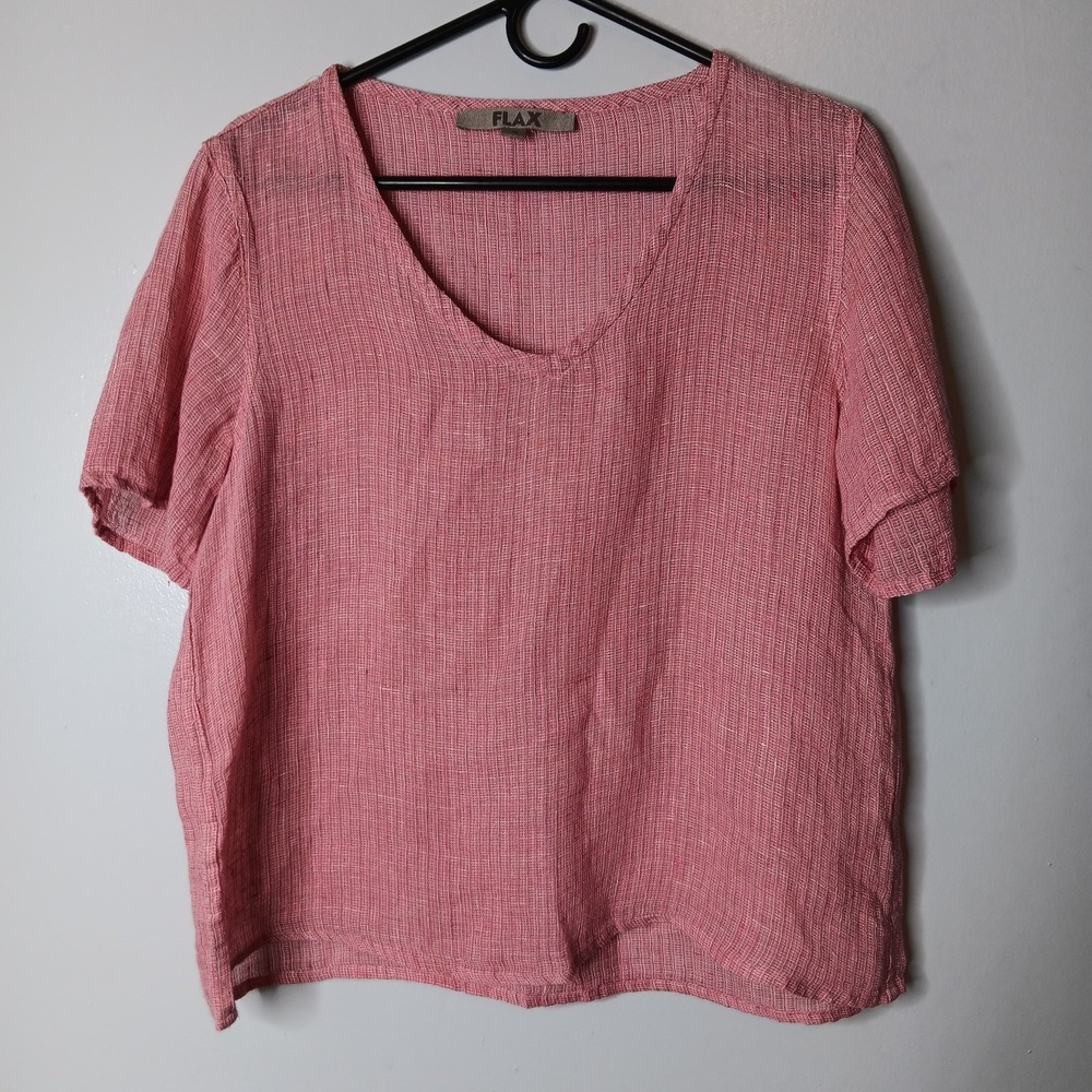 Flax Blouse Womens Size S Pink Boxy Relaxed 100% Linen Top V-Neck Short Sleeve
